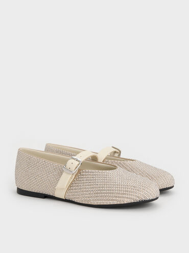 Girls' Pearl-Crystal Mary Jane Flats, Chalk, hi-res