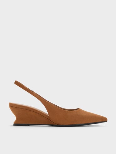 Faux Suede Sculptural-Heel Slingback Wedges, Cognac, hi-res