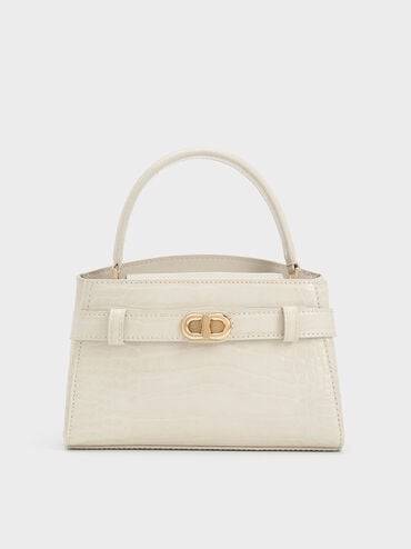 Aubrielle Croc-Effect Belted Top Handle Bag, Ivory, hi-res