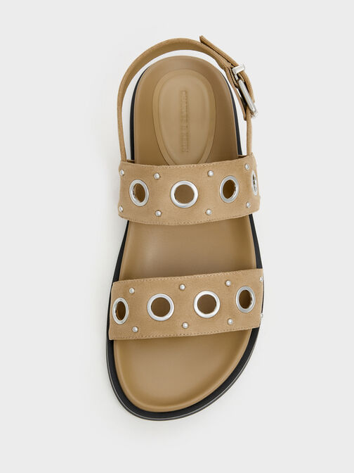 صندل مفتوح من الخلف من الجلد المدبوغ الصناعي مزود بفتحات معدنية, رملي, hi-res