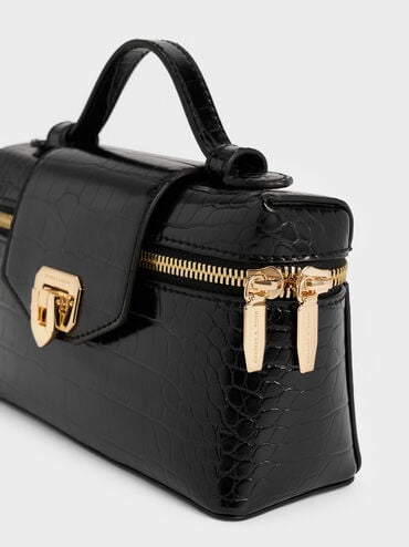 حقيبة زينة أروين بذراع علوي ونقشة جلد التمساح, أسود, hi-res