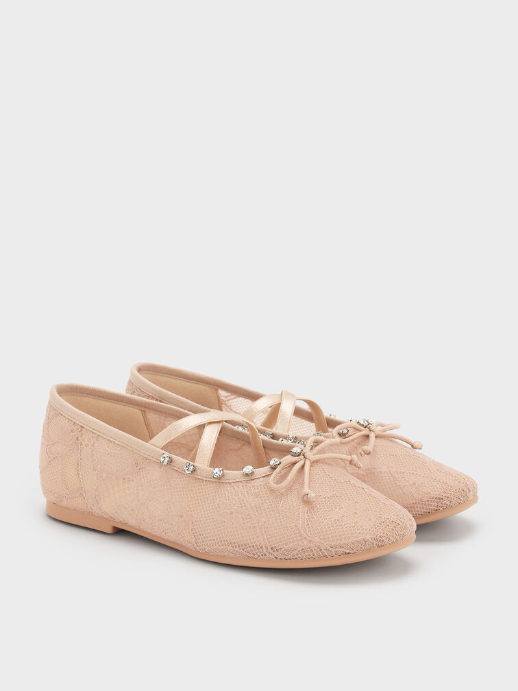 Girls' Lace Crystal Crossover Ballet Flats, Nude, hi-res