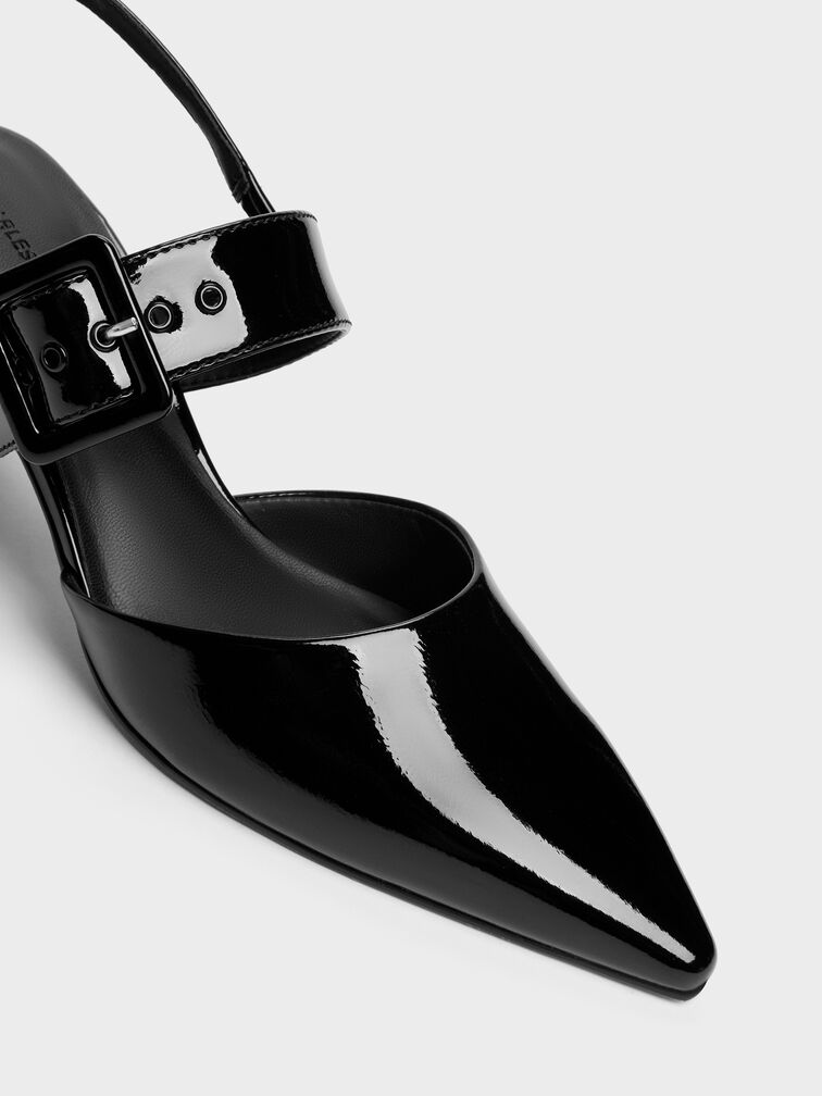 أحذية بكعب عالٍ مدبب مزين بإبزيم حاصل على براءة اختراع, أسود براق, hi-res