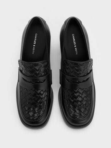 حذاء لوفر بكعب مربع بتفاصيل منسوجة وبإكسسوار معدني, أسود, hi-res