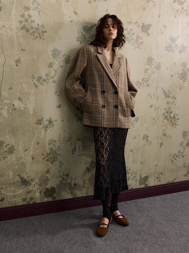 حذاء ماري جين شامواه مزين بشرائط, بني, hi-res