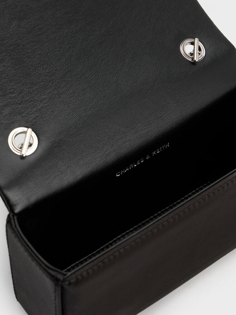 Satin Crystal-Buckle Belted Chain-Handle Bag, Noir, hi-res