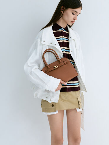 Aubrielle Belted Tote Bag, Chocolate, hi-res