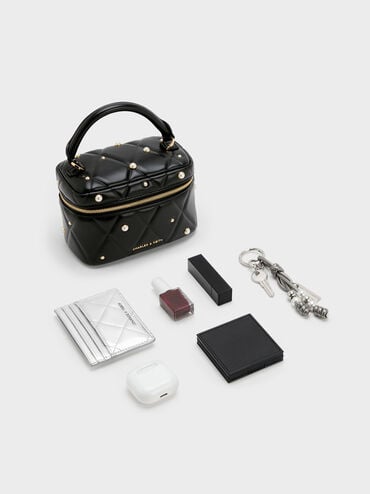 حقيبة فانيتي أروين مبطنة مزينة باللؤلؤ بمقبض علوي, أسود, hi-res