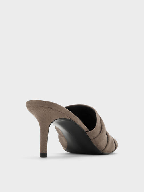 Faux Suede Ruched Heeled Mules, Taupe, hi-res