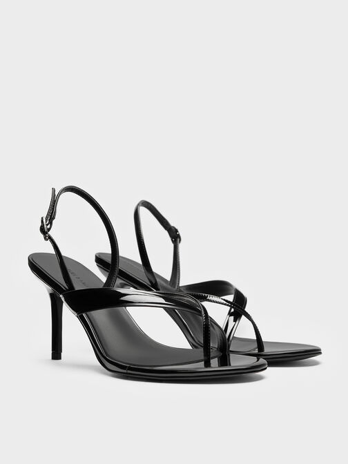 صندل ثونغ لامع مكشوف طراز (ثونغ) وكعب ستيليتو وحزام خلفي, أسود براق, hi-res