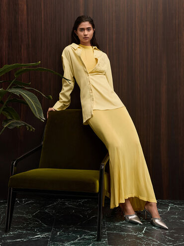 حذاء ميولز بكعب ومقدّمة مدبّبة مزيّنة بلمسات معدنية وكريستالات, فضي, hi-res