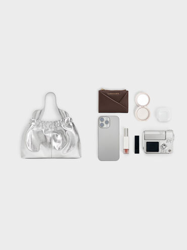 Ally Ruched Chain-Handle Bag, Silver, hi-res