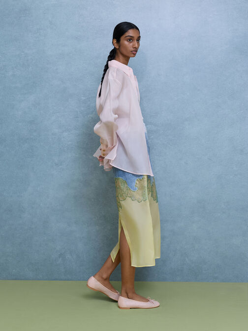 Glittered Mesh Bow Ballet Flats, Pink, hi-res