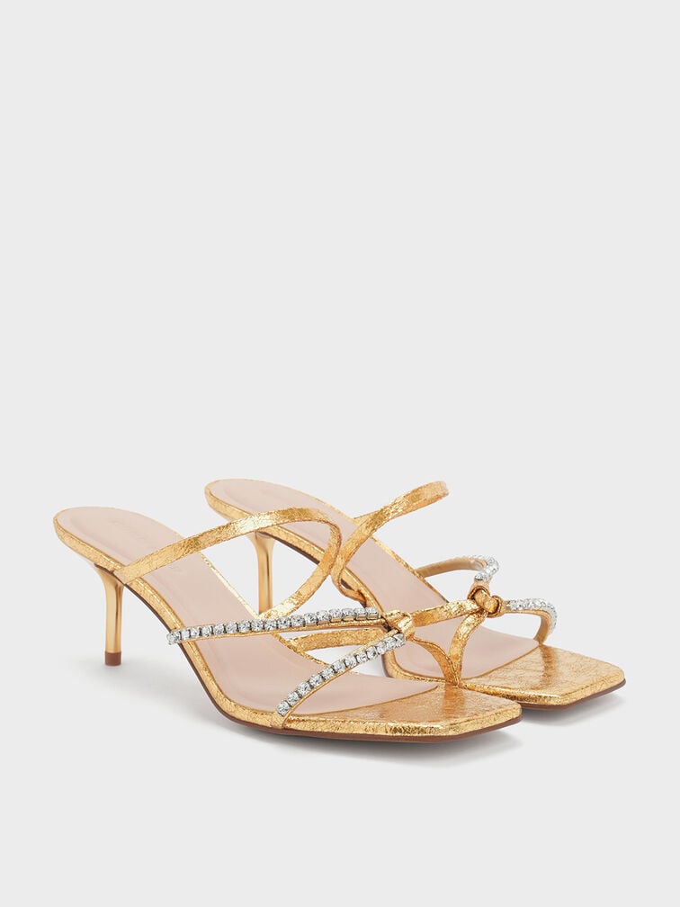 صندل منسوج بكعب وأشرطة مزين بحلية, ذهبي, hi-res
