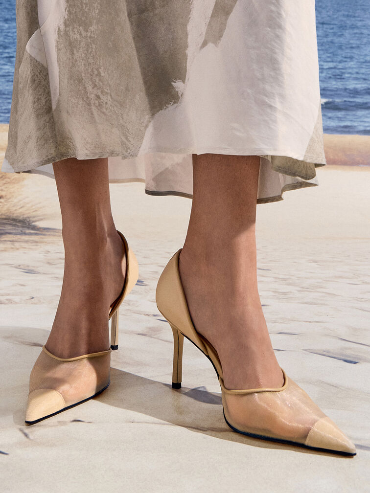 Mesh Pointed-Toe D'Orsay Pumps, Nude, hi-res