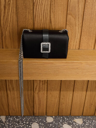 Satin Crystal-Buckle Belted Chain-Handle Bag, Noir, hi-res