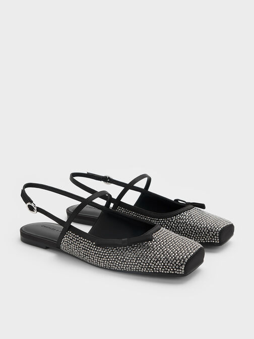 حذاء ماري جين مسطح بحزام خلفي سلينجباك ومزين بالكريستال وفيونكة, أسود خشن, hi-res