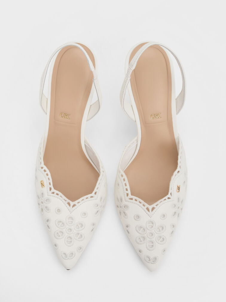 Leather Embroidered Pointed Slingback Pumps, White, hi-res