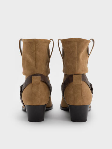 Faux Suede Studded-Strap Ruched Ankle Boots, Sand, hi-res