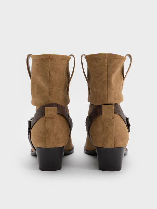 Faux Suede Studded-Strap Ruched Ankle Boots, Sand, hi-res