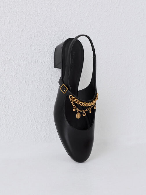 Double-Chain Charm Mary Jane Slingback Pumps, Black, hi-res