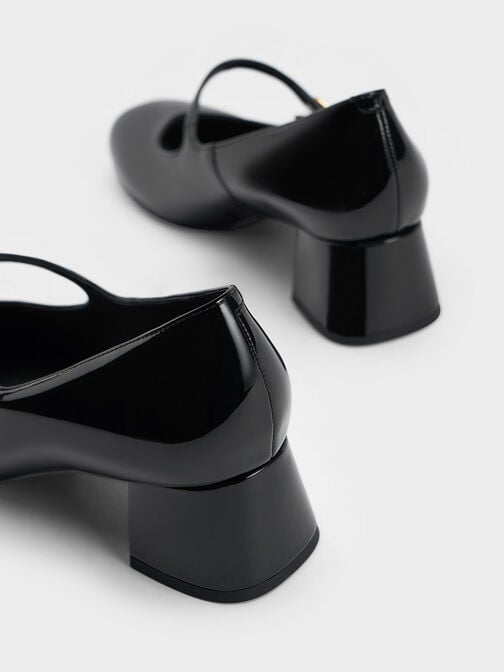 حذاء ماري جين هيتي بكعب عريض وإبزيم معدني لامع, أسود براق, hi-res