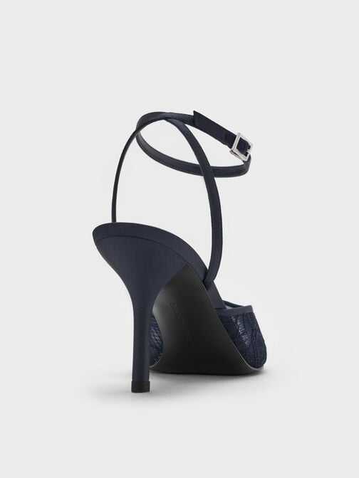 Lace & Satin Peep-Toe Heels, Dark Blue, hi-res