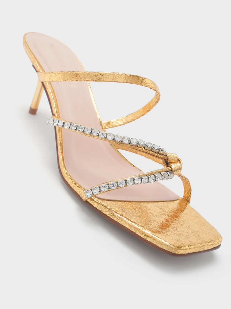 صندل منسوج بكعب وأشرطة مزين بحلية, ذهبي, hi-res