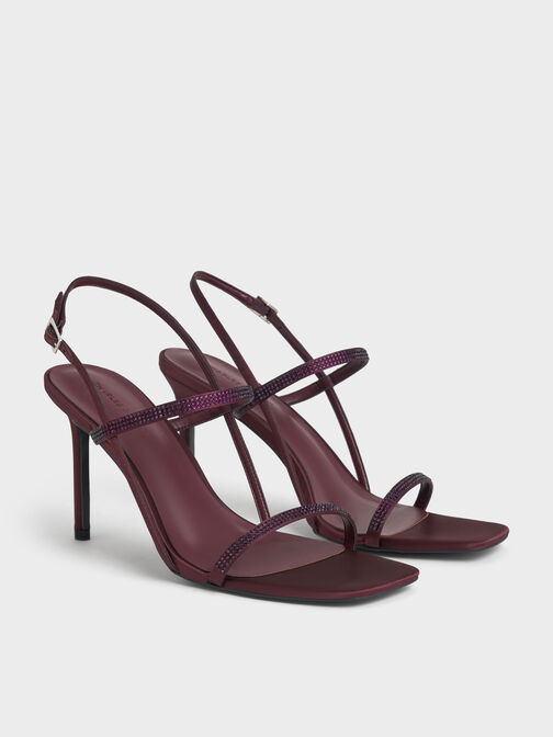 صندل أرونا من الساتان بكعب ستيليتو مرصع بالكريستال, برغندي, hi-res