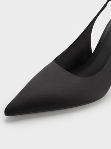 حذاء ميول ساتان مزين بالكريستال بكعب كروي ومقدمة مدببة مع حزام خلفي, أسود خشن, hi-res