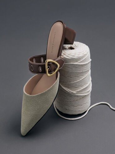 صندل مولز بكعب عالٍ سيفي تويل بإبزيم بلمسة معدنية ومقدمة مدببة, بني, hi-res