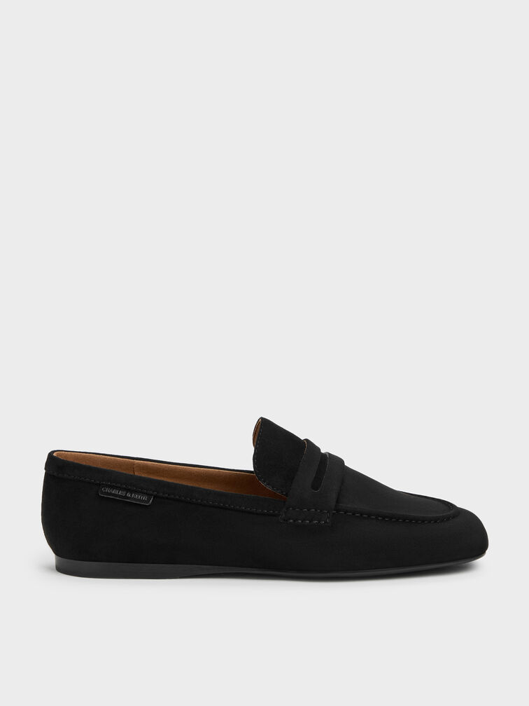 Faux Suede Penny Loafers, Black Textured, hi-res