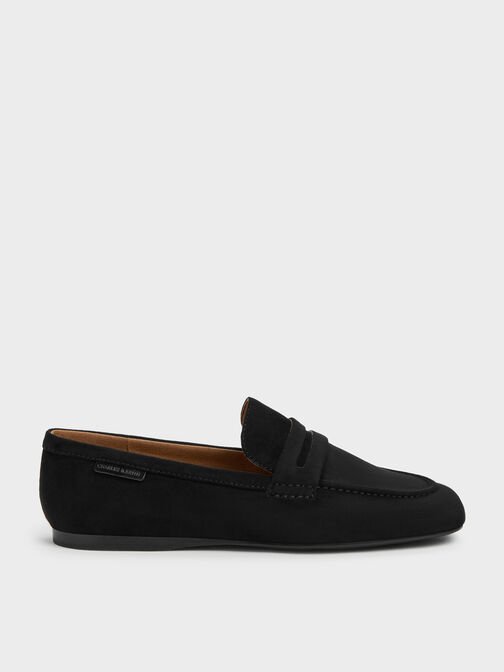 Faux Suede Penny Loafers, Black Textured, hi-res