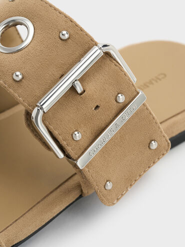 سلايدز من الجلد المدبوغ الصناعي مزودة بحلقات معدنية وإبزيم, رملي, hi-res