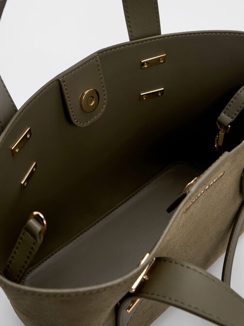 حقيبة توت شانيا صغيرة بمقبض مزدوج من الجلد السويدي الصناعي المعاد تدويره, زيتي غامق, hi-res