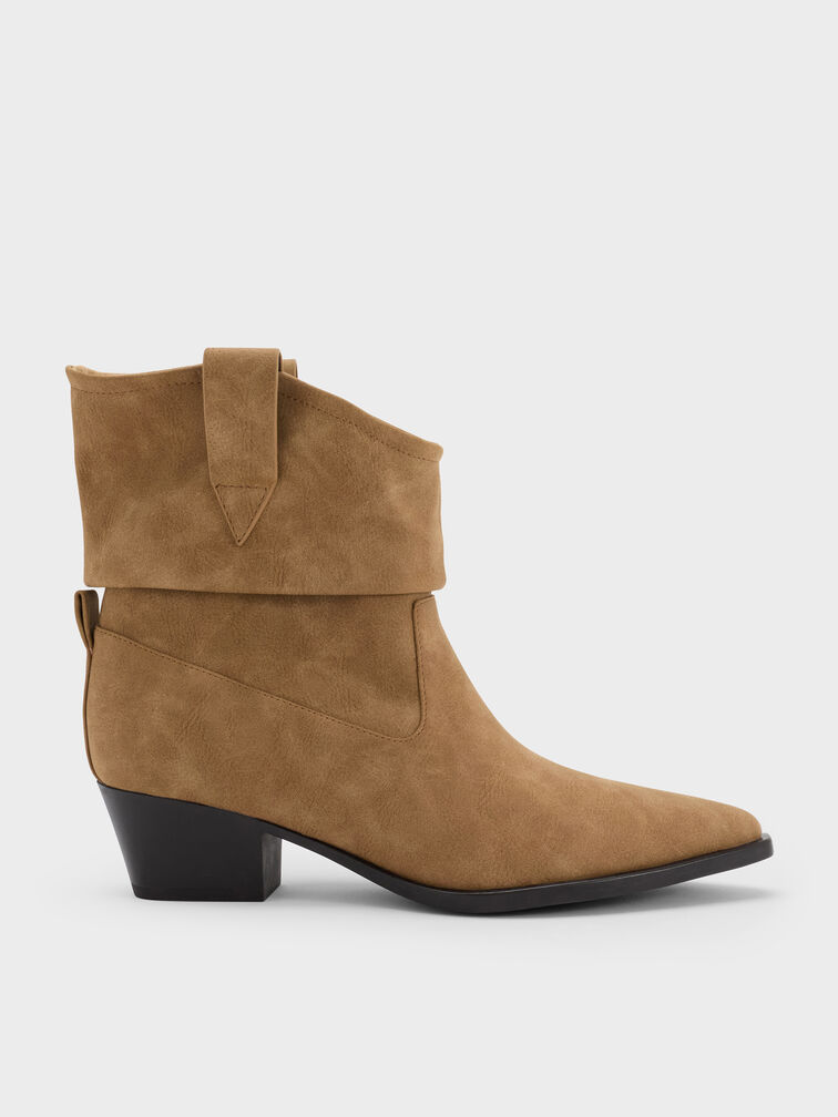 Faux Suede Studded-Strap Ruched Ankle Boots, Sand, hi-res