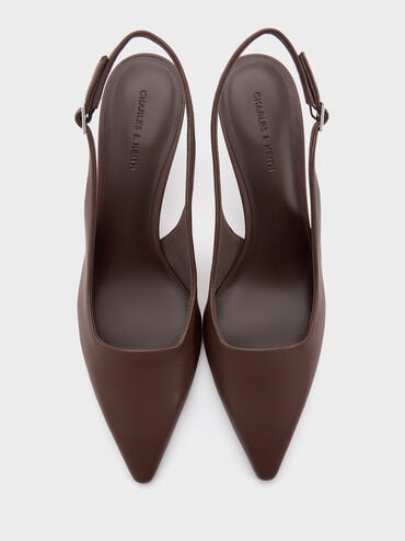 Pointed-Toe Kitten-Heel Slingback Pumps, Dark Brown, hi-res