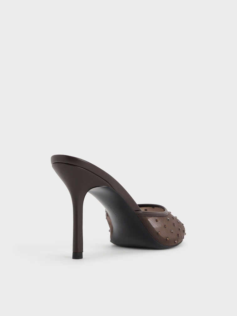 Mesh Crystal Peep-Toe Heeled Mules, Dark Brown Textured, hi-res