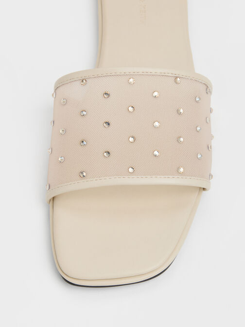 Mesh Crystal Slide Sandals, Beige, hi-res