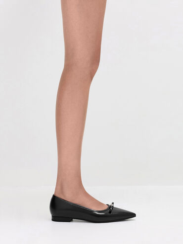 Bow Metallic-Accent Pointed-Toe Ballet Flats, Black, hi-res
