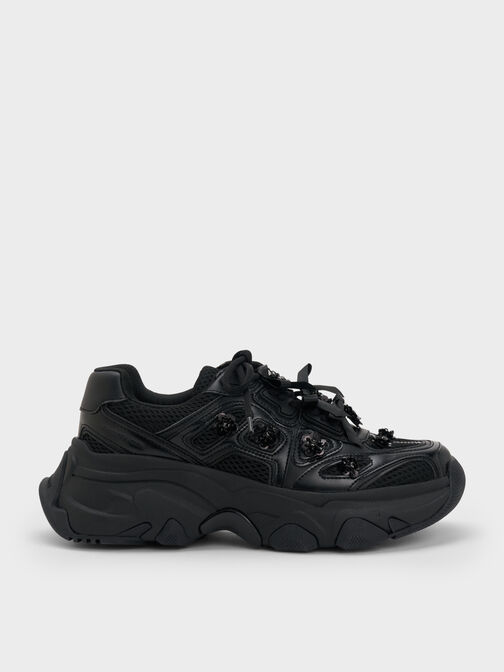 Gaskell Flower-Embellished Chunky Sneakers, Black, hi-res