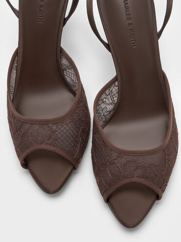 Lace & Satin Peep-Toe Heels, Dark Brown Textured, hi-res
