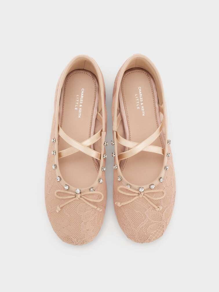 Girls' Lace Crystal Crossover Ballet Flats, Nude, hi-res