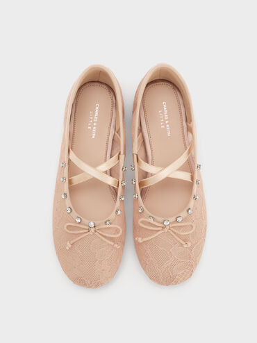 Girls' Lace Crystal Crossover Ballet Flats, Nude, hi-res