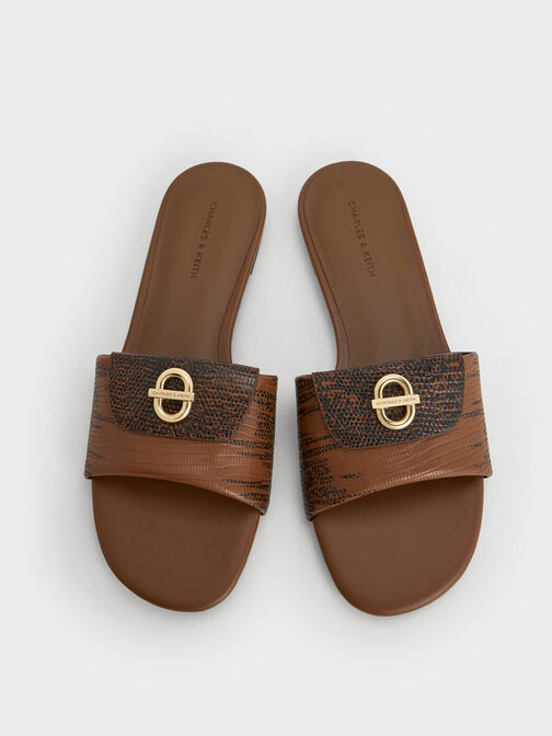 Lizard-Print Metallic-Accent Slide Sandals, Animal Print Brown, hi-res