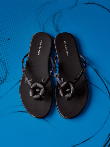 صندل مزين بالزهور المنتفخة, أسود خشن, hi-res