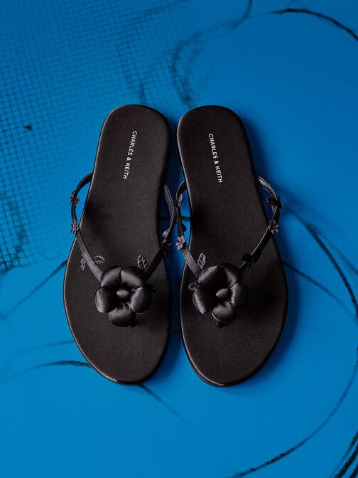 صندل مزين بالزهور المنتفخة, أسود خشن, hi-res