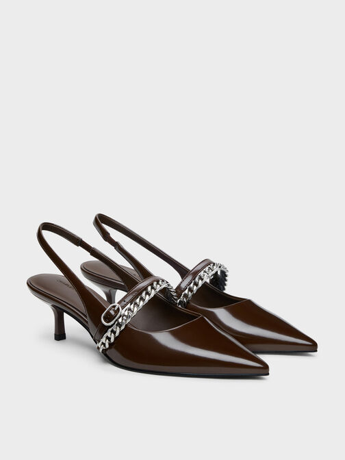 حذاء جورجي ذو الكعب الصغير المفتوح من الخلف والمزين بسلسلة, بني داكن, hi-res