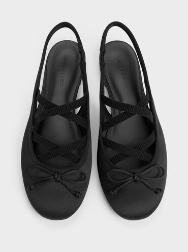 Satin Crossover Slingback Ballet Flats, Black Textured, hi-res