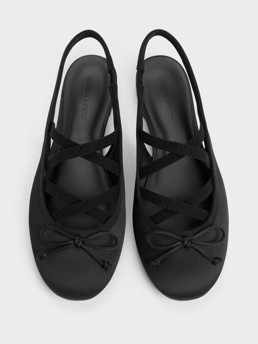 Satin Crossover Slingback Ballet Flats, Black Textured, hi-res